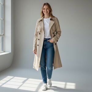 New York & Company Beige Double-Breasted Trench Coat